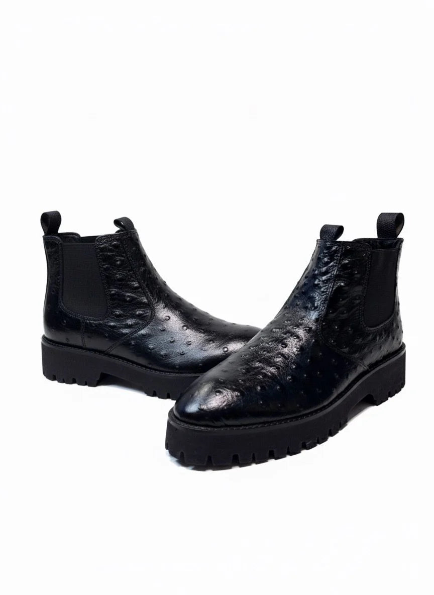 Black Ostrich Leather Chelsea Boots (Lug Sole)