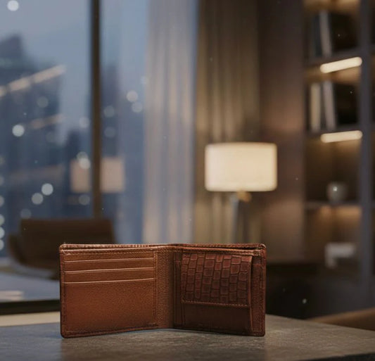 Brown Leather Bifold Crocodile Skin Wallet