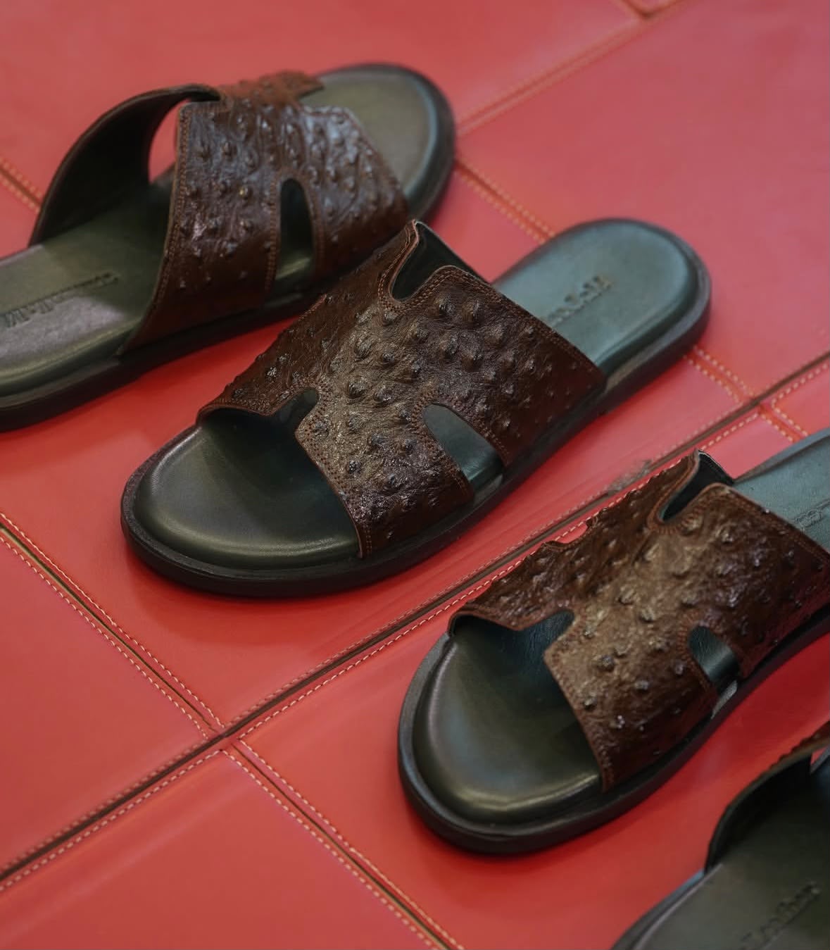 Ostrich-Embossed Leather Slide Sandals