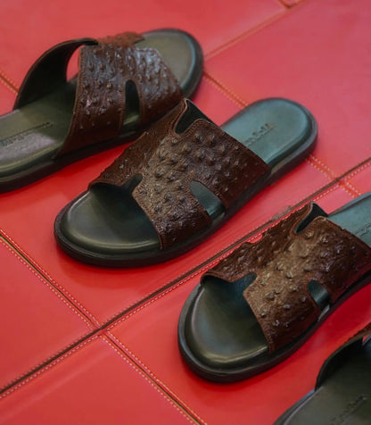 Ostrich-Embossed Leather Slide Sandals