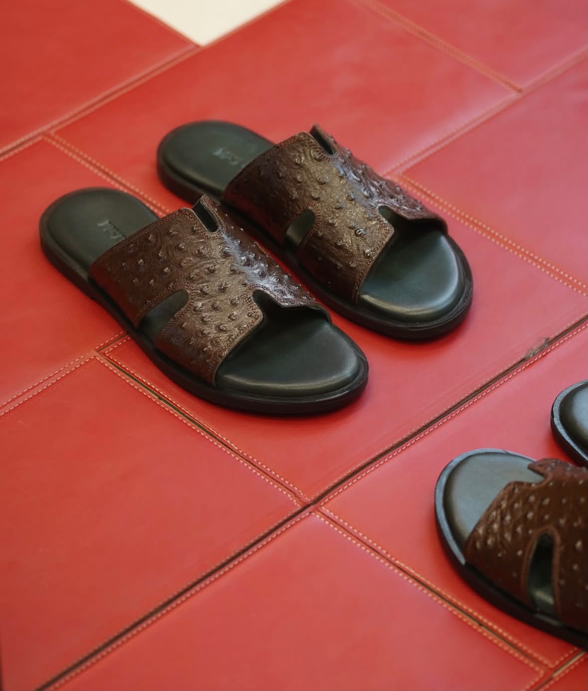 Ostrich-Embossed Leather Slide Sandals