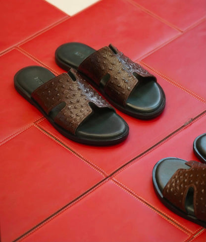 Ostrich-Embossed Leather Slide Sandals