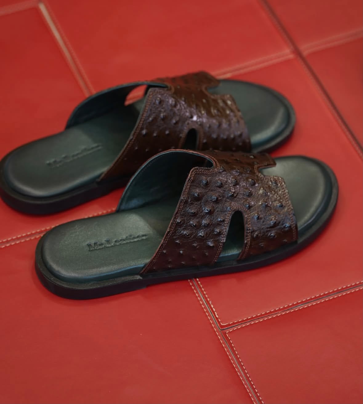 Ostrich-Embossed Leather Slide Sandals