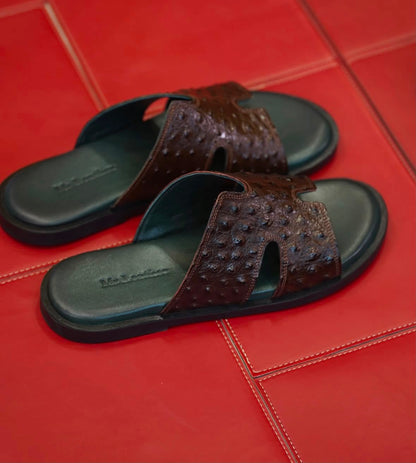 Ostrich-Embossed Leather Slide Sandals