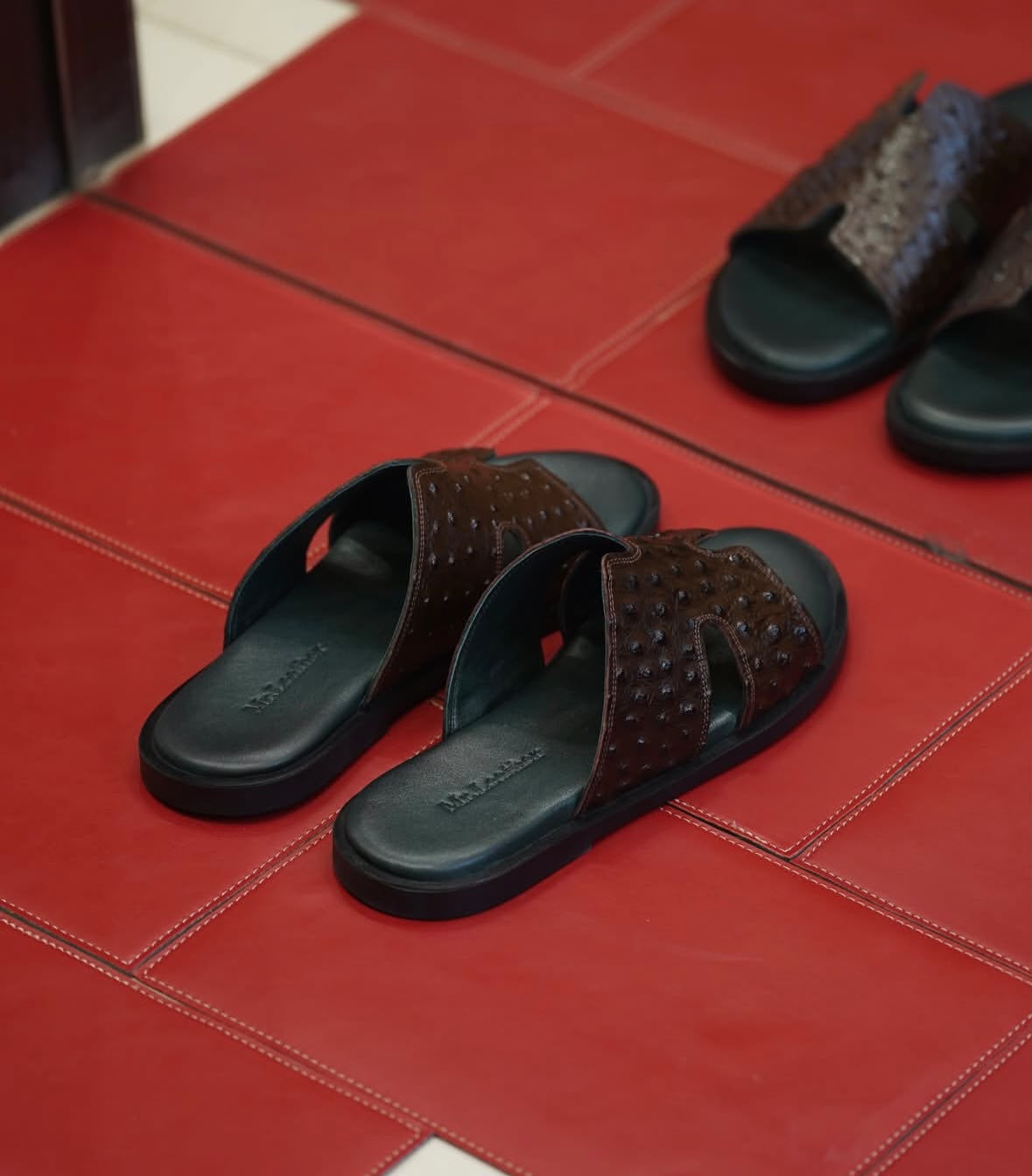 Ostrich-Embossed Leather Slide Sandals