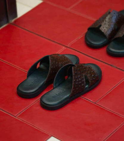 Ostrich-Embossed Leather Slide Sandals