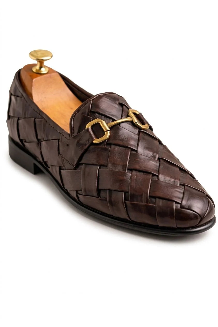 Brown Woven Leather Horsebit Loafers