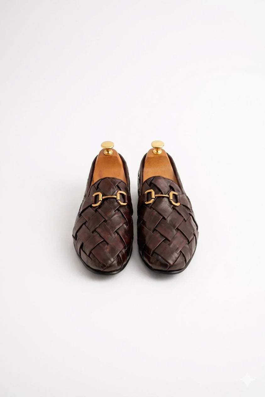Brown Woven Leather Horsebit Loafers